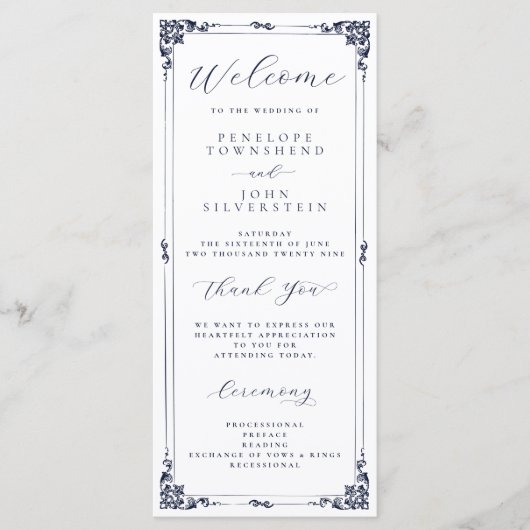 Elegante minimale script typografie rand bruiloft programmakaart (Voorkant)
