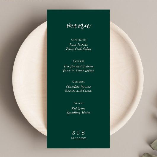 Elegante minimale smaragd groene bruiloft menu
