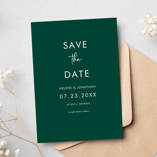 Elegante minimale smaragd groene bruiloft save the date