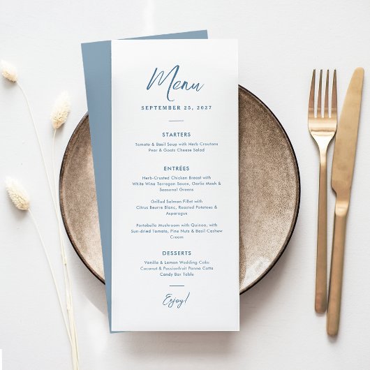 Elegante minimale stoffige blauwe script tekst bru menu