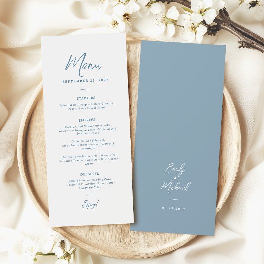 Elegante minimale stoffige blauwe script tekst bru menu