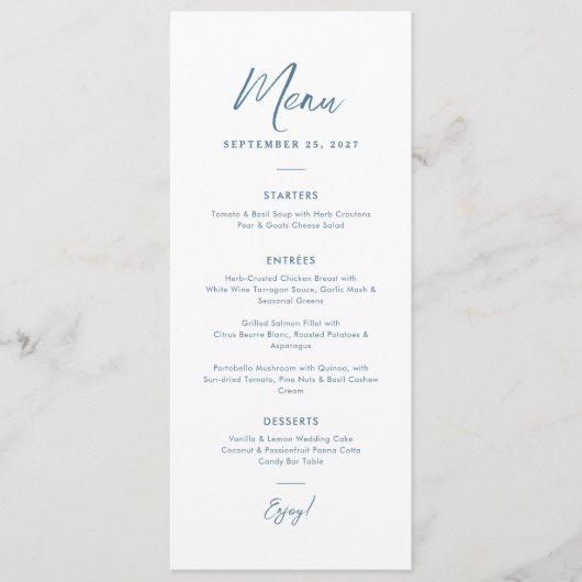 Elegante minimale stoffige blauwe script tekst bru menu (Voorkant)