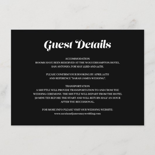 Elegante minimale vet zwart bruiloft gast details informatiekaartje (Voorkant)