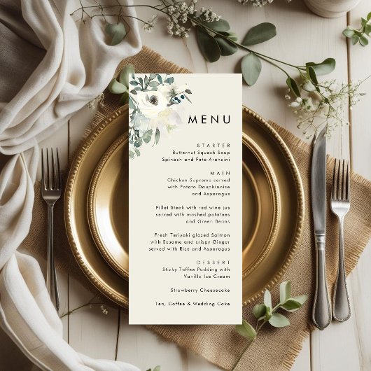 Elegante Minimale Vintage Crème Bloemige Bruiloft Menu