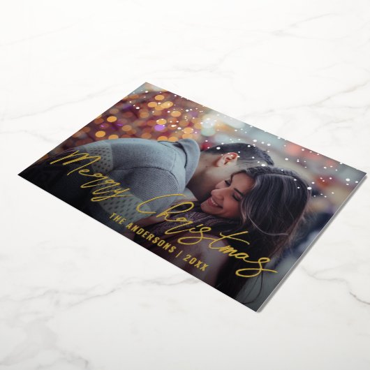 Elegante Minimale Vrolijk Kerstmis Eigen Foto  Folie Feestdagenkaart (Gedraaid)