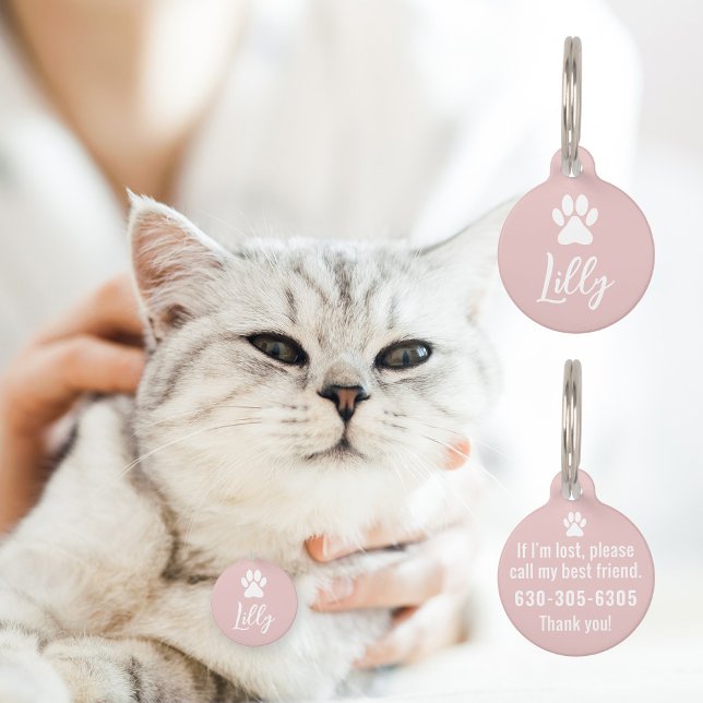 Elegante Minimale Witte Hond Poot met Contactgegev Huisdierpenning (Modern pink personalized pet ID tag with phone number, white pet paw print and editable pet name.)