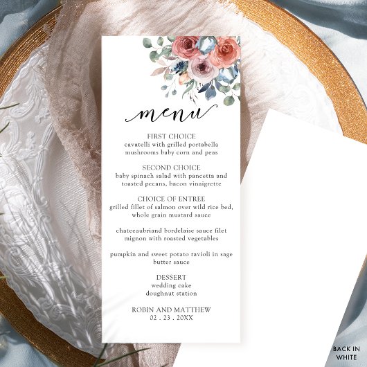 Elegante, minimale zalige bloemenbruiloft menu