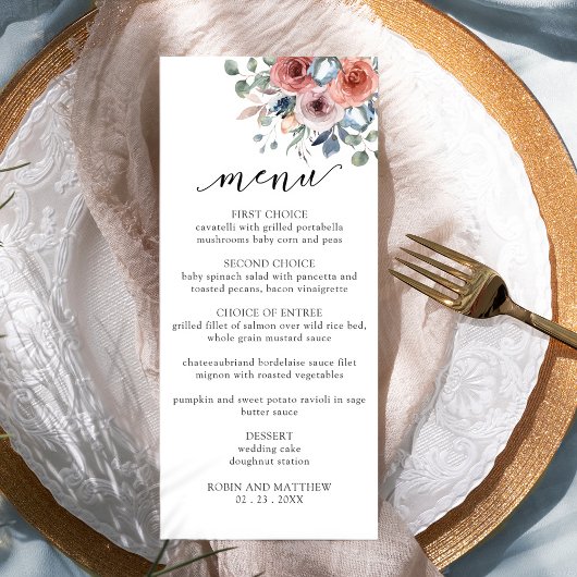 Elegante, minimale zalige bloemenbruiloft menu