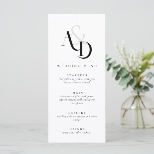 Elegante minimale zwart-wit eenvoudige bruiloft menu (Staand voorkant)