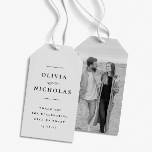 Elegante minimale zwart-wit foto bruiloft cadeaulabel