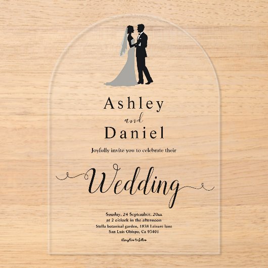 Elegante minimale zwart-wit romantische bruiloft acryl uitnodigingen (Voorkant)