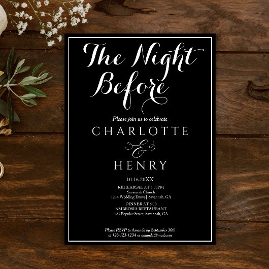 Elegante minimale zwarte bruiloft de avond ervoor kaart