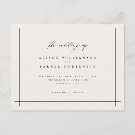 Elegante minimale zwarte en ivoren typografie brui uitnodiging briefkaart (Voorkant)