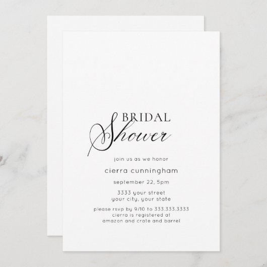 Elegante Minimale Zwarte en Witte Bruidsborrel Kaart (Voorkant / Achterkant)