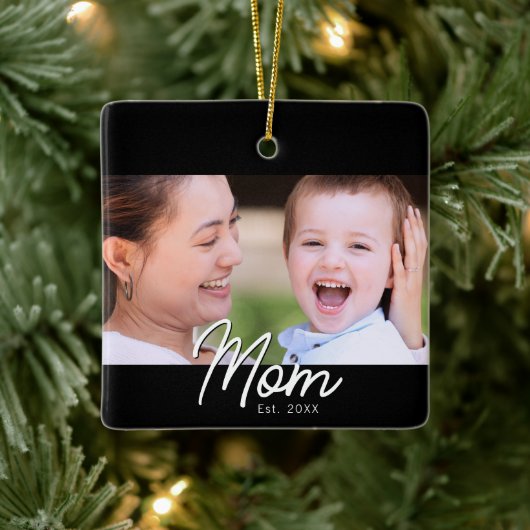 Elegante minimale zwarte scriptfoto 'Moeder Opgeri Keramisch Ornament (Boom)