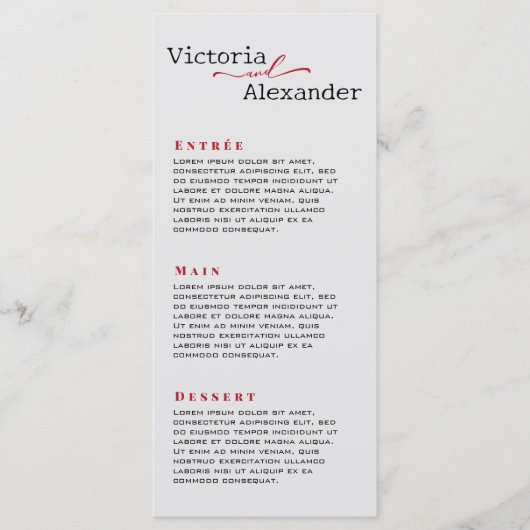 Elegante minimalist met rode accenten bruiloft menu (Voorkant)