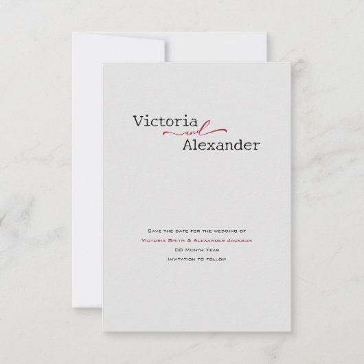 Elegante minimalist met rode accenten bruiloft save the date (Voorkant)