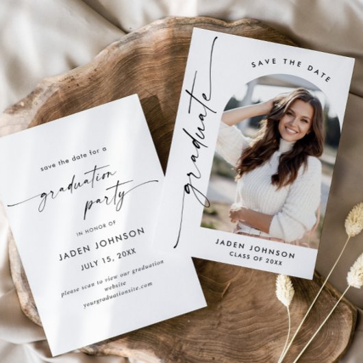 Elegante minimalistische afstudeerfeest één foto save the date