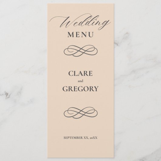 Elegante minimalistische amandelgrijze bruiloft menu (Voorkant)