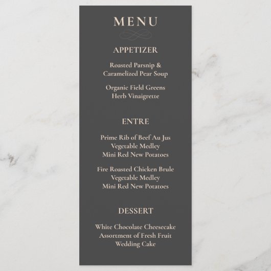 Elegante minimalistische amandelgrijze bruiloft menu (Achterkant)
