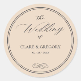 Elegante minimalistische amandelgrijze bruiloft ronde sticker