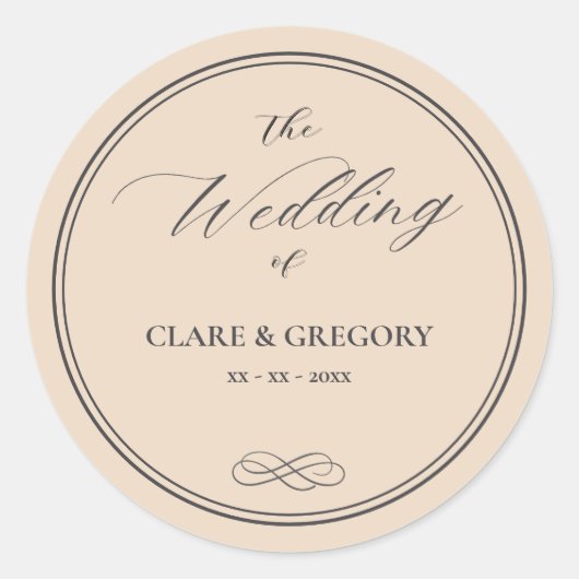 Elegante minimalistische amandelgrijze bruiloft ronde sticker (Voorkant)