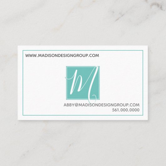 Elegante minimalistische Aqua + Script #Monogram Visitekaartje (Achterkant)