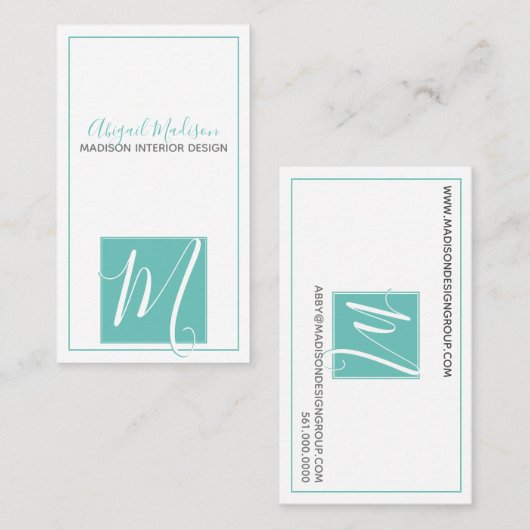 Elegante minimalistische Aqua + Script #Monogram Visitekaartje (Voorkant / Achterkant)