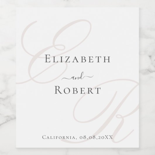 Elegante minimalistische beige monogram bruiloft wijn etiket (Enkel label)