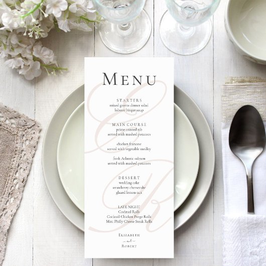 Elegante minimalistische Beige Monogram Wedding Me Menu