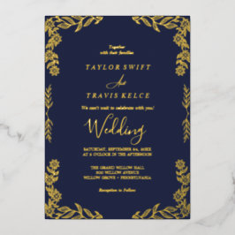 Elegante Minimalistische Blad |Goud Folie Navy Bla Uitnodiging