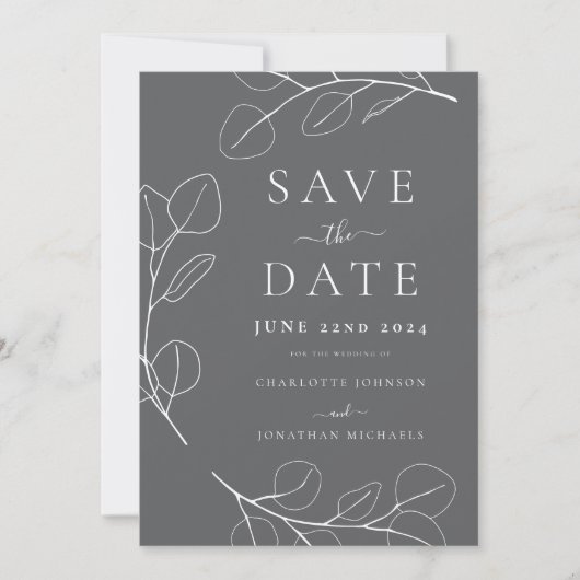 Elegante minimalistische bladeren grijs bruiloft save the date (Voorkant)