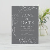 Elegante minimalistische bladeren grijs bruiloft save the date (Staand voorkant)