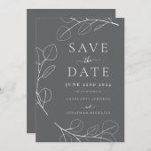Elegante minimalistische bladeren grijs bruiloft save the date (Voorkant / Achterkant)