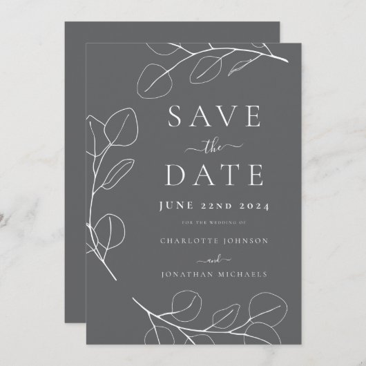Elegante minimalistische bladeren grijs bruiloft save the date (Voorkant / Achterkant)