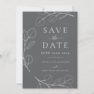 Elegante minimalistische bladeren grijs bruiloft save the date