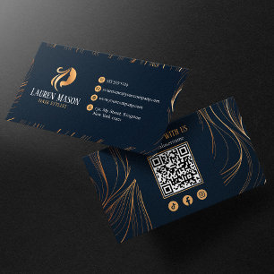 Elegante Minimalistische Blau Gouden Kapper QR Cod Visitekaartje