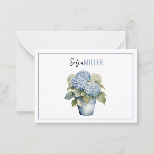 Elegante Minimalistische Blauwe Hortensia Bruiloft Notitiekaartje (Voorkant)