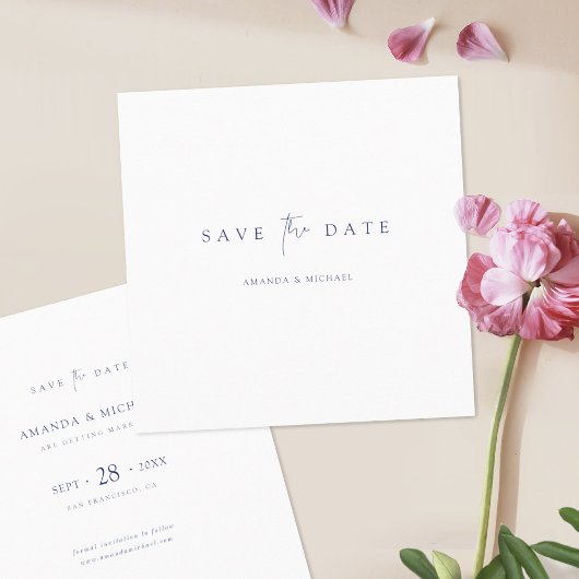 Elegante minimalistische blauwe typografie bruilof save the date