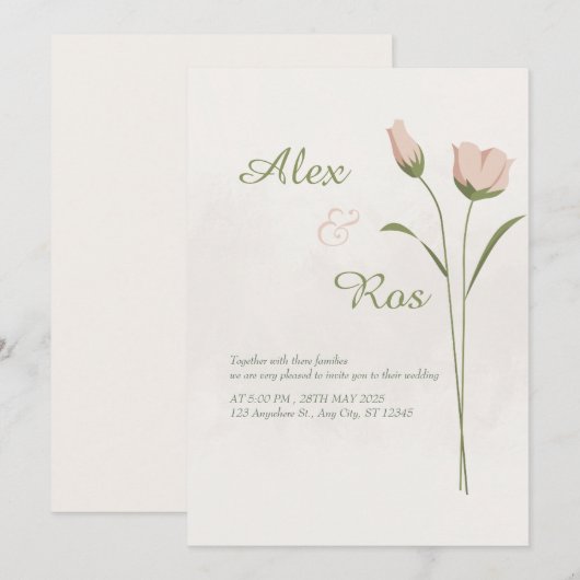 Elegante minimalistische bloemenbruiloft uitnodigi feestdagenkaart (Voorkant / Achterkant)