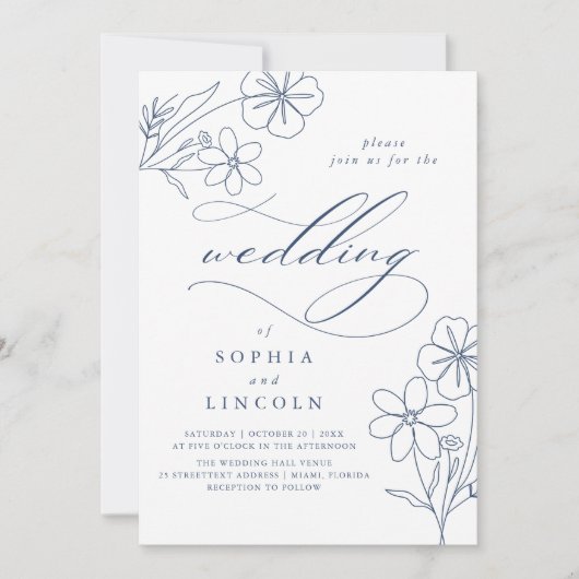 Elegante minimalistische bloementekening bruiloft kaart (Voorkant)