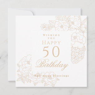 Elegante Minimalistische Bloemige 50e Witte Verjaa Kaart