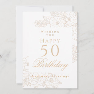 Elegante Minimalistische Bloemige 50e Witte Verjaa Kaart