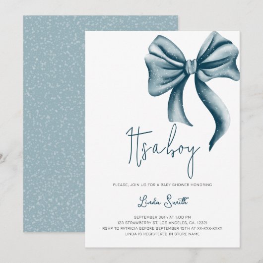 Elegante minimalistische Blue Bow Boy Baby shower Kaart (Voorkant / Achterkant)