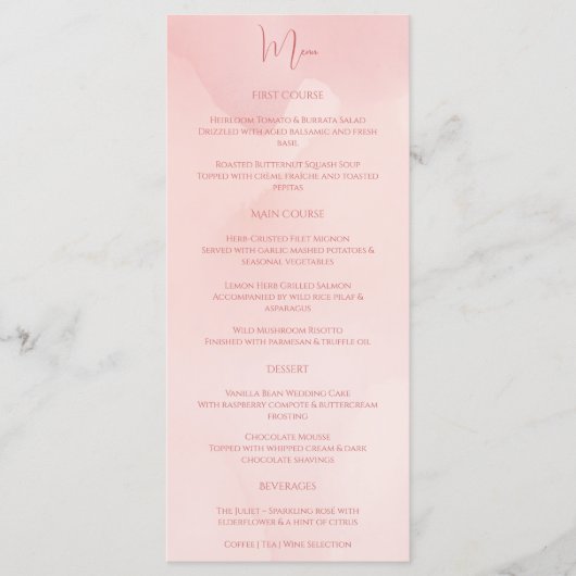 Elegante minimalistische Blush Roos Waterverf Menu (Voorkant)