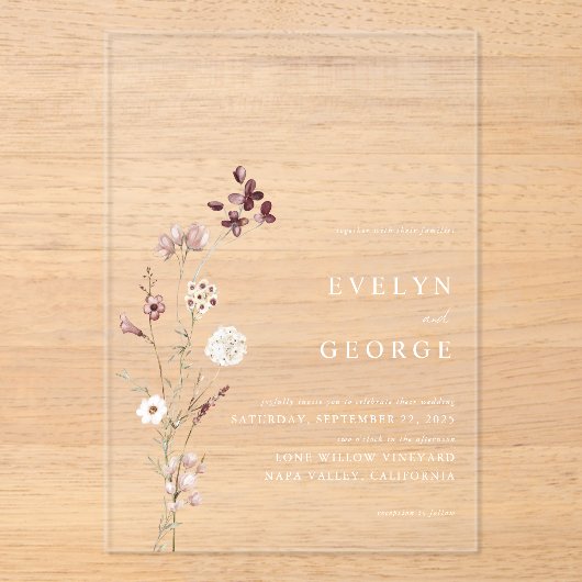 Elegante minimalistische Boho bloemenbruiloft Acryl Uitnodigingen (Voorkant)