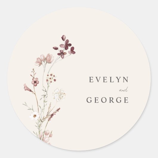 Elegante minimalistische Boho bloemenbruiloft Ronde Sticker (Voorkant)