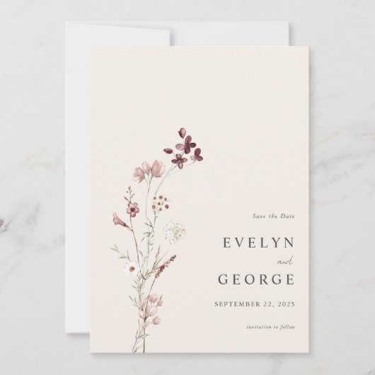 Elegante minimalistische Boho bloemenbruiloft Save The Date (Voorkant)