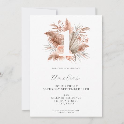 Elegante minimalistische Boho Floral 1e verjaardag Kaart (Voorkant)