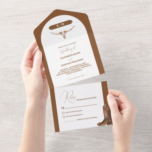 Elegante minimalistische Boho Westerne Cowboy brui All In One Uitnodiging (Afscheurbaar)
